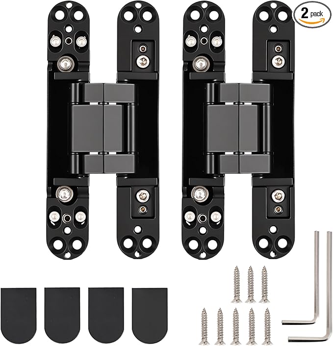 HBL' 2 Pack Hidden Door Hinges, 6 Inch Black Heavy Duty Hidden Hinges for Secret Doors, 3-Way Adjustable to Bulid Conceal Bookcase Door