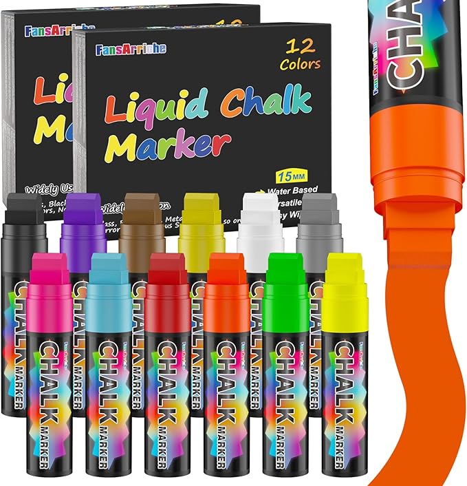 FansArriche Jumbo Chalk Markers Bulk, 15mm Window Markers for Glass Washable, 12 Colors Liquid Chalk Marker Erasable for Chalkboard, Blackboard, Car, 2-Pack