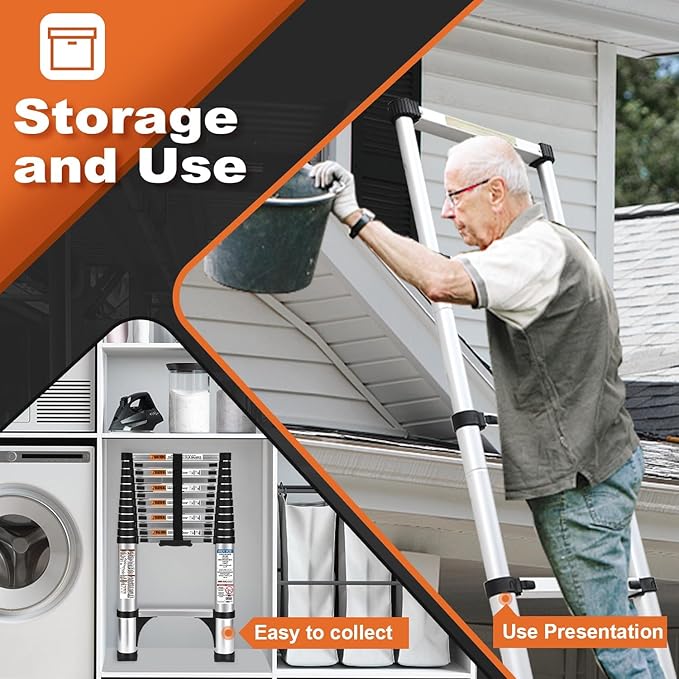 Telescoping Ladder, SocTone 12.5 FT Aluminum Lightweight Extension Ladder with 2 Triangle Stabilizers, Heavy Duty 250lbs Max Capacity, Multi-Purpose Collapsible Ladder for RV or Outdoor Work