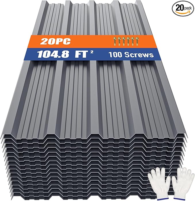Brakki Metal Roofing Panels 20pcs 104.8 ft², Grey Corrugated Galvanized Steel Roof Panels with Screw, Heavy Duty Metal Siding Suitable for Garages Chicken Coop Sheds Stables Patio