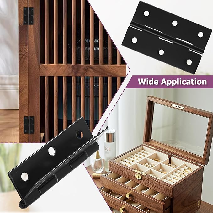 12pcs Butt Hinges Black Door Hinges, 2.87" x 1.73" Cabinet Door Hinge, Flat Folding Box Hinges for Jewelry, Wooden Box, Small Cupboard Furniture Hinges