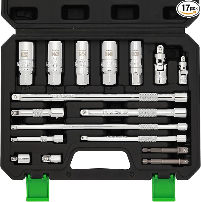 TecoTek 17-Pieces Drive Tool Accessory Set, Spark Plug Socket Set, Includes 1/4" & 3/8” Drive Extension Bar, Socket Adapter, Universal Joints, Spark Plug Sockets, Professional Socket Accessories, Cr-V