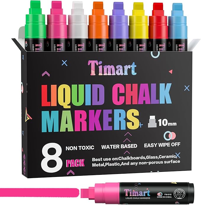 Timart Window Markers, Jumbo Liquid Chalk Markers for Rock Painting, Poster, Blackboard, Stone, Ceramic, Glass, Wood, Canvas, Wide Tip 10mm, 8 Colors