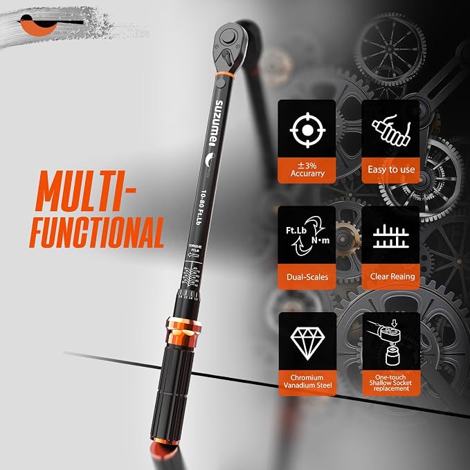 Torque Wrench 3/8 Inch Drive Click (10-80 Ft. Lb/ 13.6-108.4 N.m) | ±3% Accuracy Dual-Direction Dual-Scale CR-V for Mechanic DIYer Motorcycle, Car, Spark Plug Repair with Storage Case