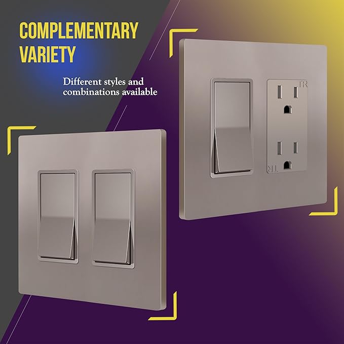 ENERLITES Elite Series Screwless Decorator Wall Plate Child Safe Outlet Cover, Size 2-Gang 4.68" H x 4.73" L, Unbreakable Polycarbonate Thermoplastic, SI8832-NK, Glossy, Nickel