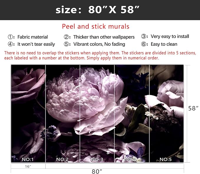 YIHWM-Peel and Stick Purple Flowers Wallpaper Dark Peony Floral Wall Mural | Tear-resistant,with a substantial feel;Will not be damaged during repositioning.Bathroom,Bedroom wallpaper.S-80"x58"