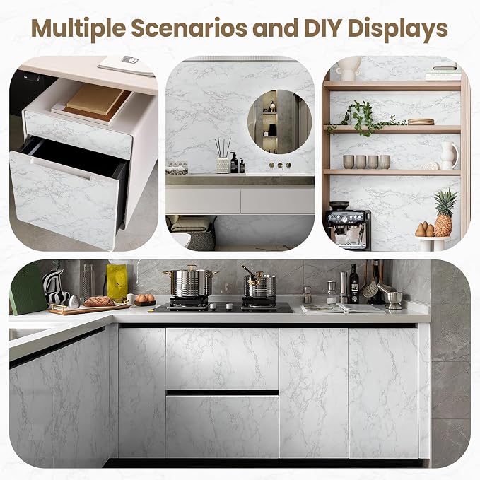 practicalWs Marble Wallpaper Granite White and Gray Wall Paper Roll 47.2" x 197" Kitchen Countertops Cabinet Furniture is Renovated Thick Vinyl Easy to Remove Without Leaving Glue