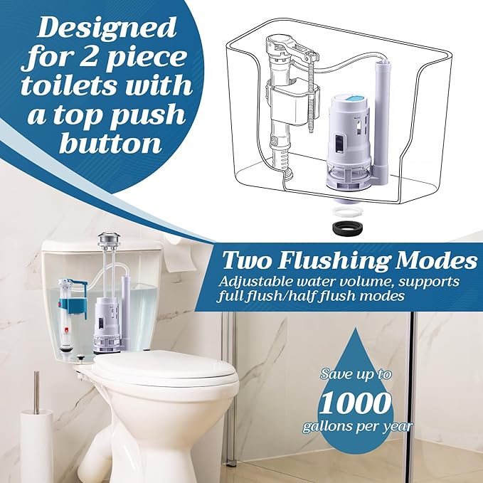 Ganeen 3 Inch Dual Flush Valve Replacement Universal Toilet Tank Replacement Kit with Top Push Button Toilet Fill Valve Bowl Gasket Plastic Bolts Inside Tank Parts Flusher Repair for Easy to Install