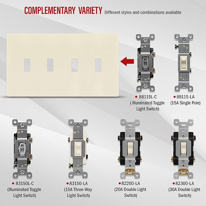 ENERLITES Screwless Quadruple Toggle Switch Wall Plate, Child Safe Light Switch Cover, Standard 4-Gang 4.68" x 8.38", Unbreakable Polycarbonate Thermoplastic, UL Listed, SI8814-LA, Light Almond