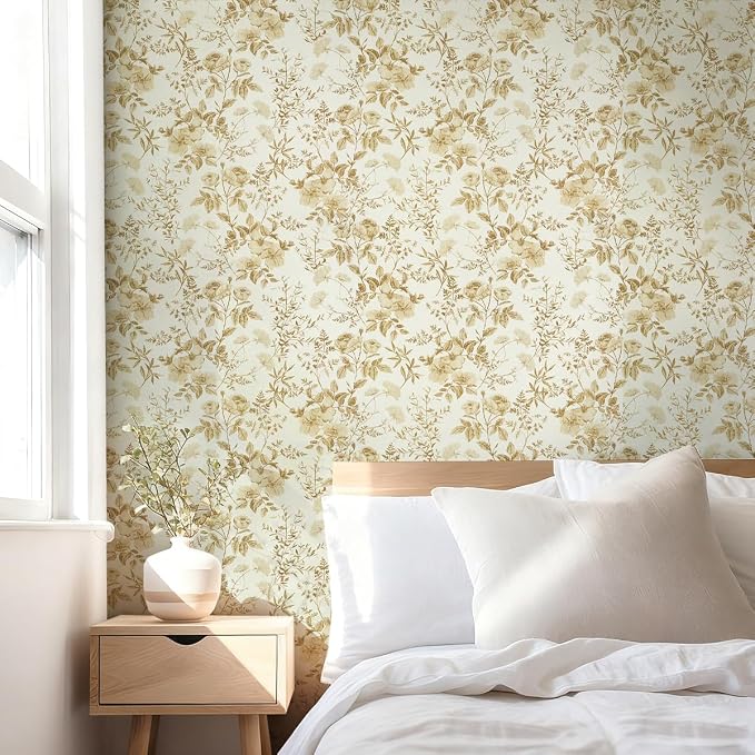 Erfoni 16.9" x394" Yellow Brown Floral Peel and Stick Wallpaper Boho Floral Leaf Contact Paper Flower Self Adhesive Wall Paper DIY Removable Decoration Wallpaper for Bedroom Accent Wall Covering