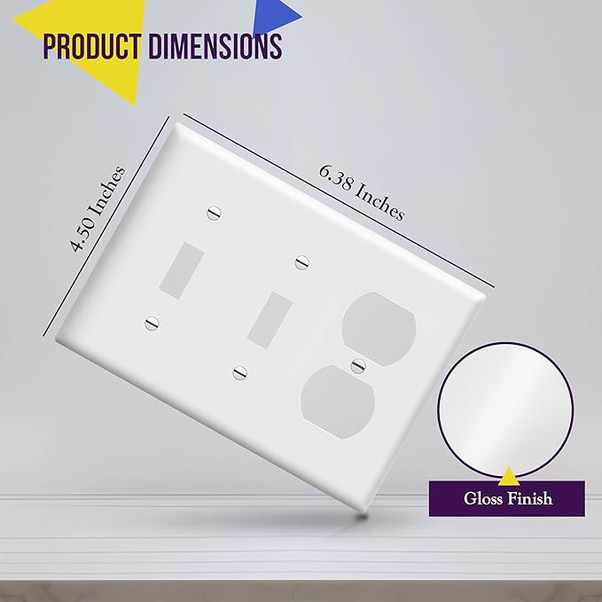 ENERLITES Combination Triple Gang Wall Plate, Double Toggle Switch/Single Duplex Receptacle Cover Plate, Standard Size 3-Gang 4.5" x 6.38", Polycarbonate Thermoplastic, 881221-W, White