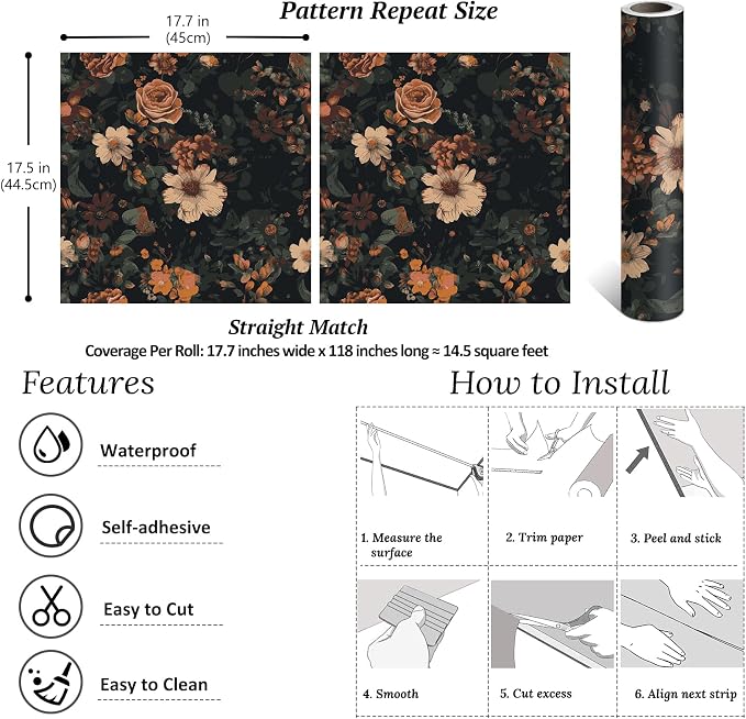 VEELIKE Retro Dark Floral Peel and Stick Wallpaper Vintage Floral Wallpaper for Bedroom Bathroom 17.7''x118'' Moody Flower Wallpapers Self Adhesive Removable Botanical Contact Paper for Cabinets Walls