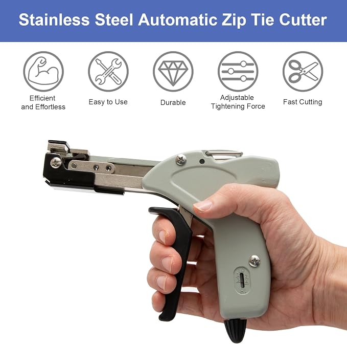 Metal Zip Tie Cutter, Stainless Steel Cable Tie Gun with Adjustable Tension & Automatic Cutter for Stainless Steel Tie Wrap with Free Zip Tie Release Tool, Single-Hand Operated