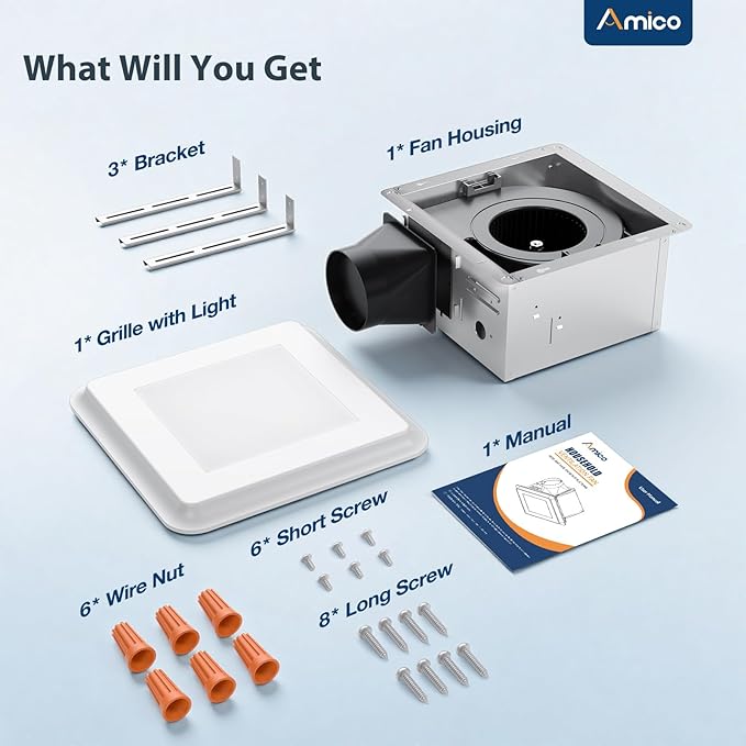 Amico Bathroom Exhaust Fan with Light, 80 CFM, 0.9 Sones, 5CCT, Easy Retrofit without Attic Access, Adjustable Bathroom Fan with light, Quiet Operation, ETL & FCC Certified