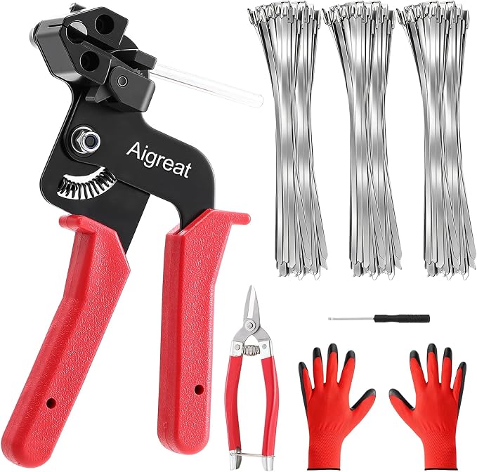 Metal Zip Ties Gun Kit, Stainless Steel Tie Wrap Gun with 300 Metal Cable Ties & Industrial Scissors, Self-Locking Metal Wire Ties for Chainlink Fence Electrical Cable Fastening and Cutting