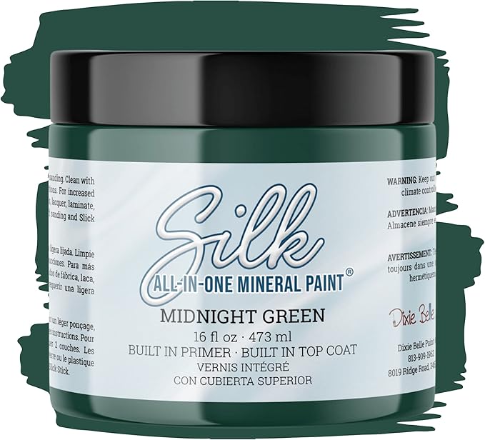 Dixie Belle Silk All-in-One Mineral Paint - Midnight Green (16oz) - Deep Blue Green Water Based Built-In Primer + Topcoat for Wood + Metal - Furniture Paint - Low Reflective Finish