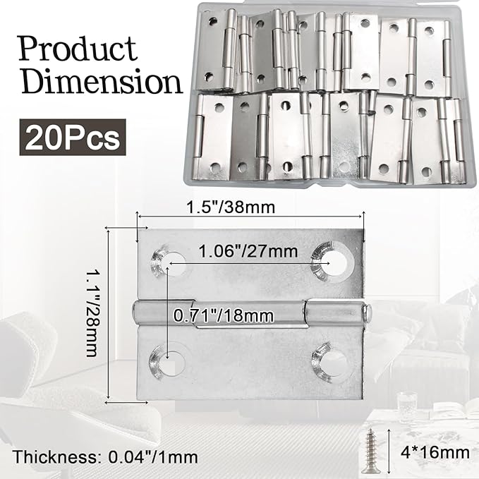 Luomorgo 20 Pack 1.5 Inch Mini Hinges Butt Hinges, Stainless Steel Cabinet Hinges, Small Folding Door Hinge for Wooden Box, Crafts (Silver)