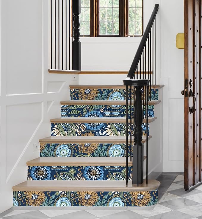 HAOKHOME Peel and Stick Wallpaper Boho Retro Floral Wall Paper Navy Blue Mustard for Bathroom Kitchen Accent Wall 17.3in x 32.8ft