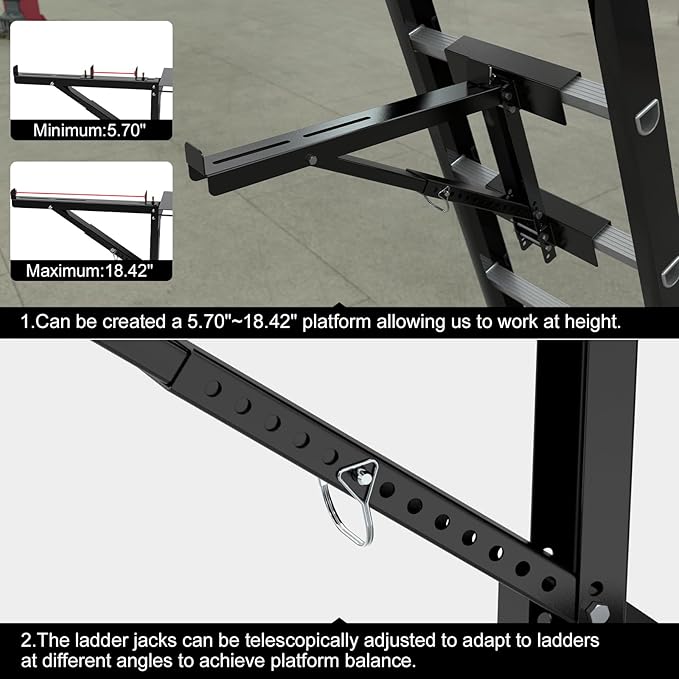 New Upgraded Adjustable Ladder Jacks 2 Pack for Scaffolding Platform, Two-Rung Short Body Extension Ladder Jack Scaffold Bracket, Black Ladder Platform Accessories, Ladder Jack Part for Working Stage