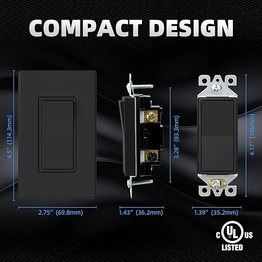 ELEGRP Matte Black 3 Way Decorative Light Switch with Plate, 15Amp, 120-277 Volt, AC Rocker Paddle Wall Switch Replacement, Self-Grounding, Residential Grade, w/Wall Plate, UL Listed (5 Pack)