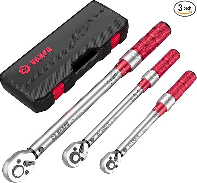 VANPO 3Pcs Torque Wrench 1/4&3/8&1/2"-20-240in-lb, 5-45ft-lb, 20-160ft-lb | ±3% Accuracy, Click, Dual Direction, 72-Tooth Ratchet, for Bike, Motorcycle, Car & Automotive Use