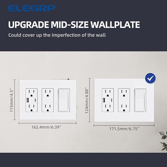 ELEGRP 3-Gang Screwless Decorative Wall Plates, Mid-Size Unbreakable Thermoplastic Faceplate Cover for Decorator Receptacle Outlet Switch, UL Listed (20 Pack, Matte White)