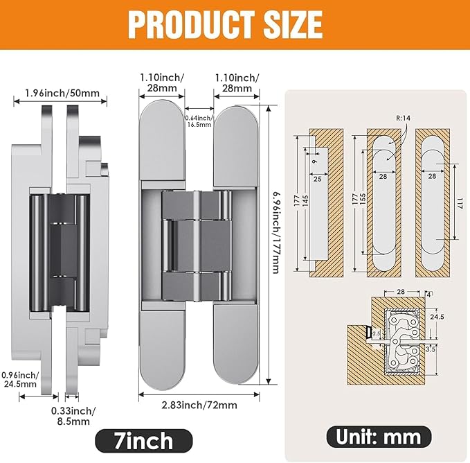 7" Hidden Door Hinge/Concealed Hinges,Invisible Hinges,Invisible Door Silent 180 Degree Swing Hinge 3-Way Adjustable Butt 7 x 2.8 x 1 (Silvery, 7 inches)