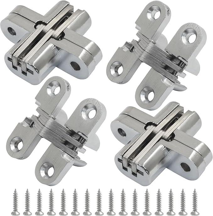 Murtenze 4 Pack Hidden Hinges, 1.77" Stainless Steel Cross Invisible Swing Hinges, 180 Degree Concealed Cross Hinge for Kitchen Cabinet Door