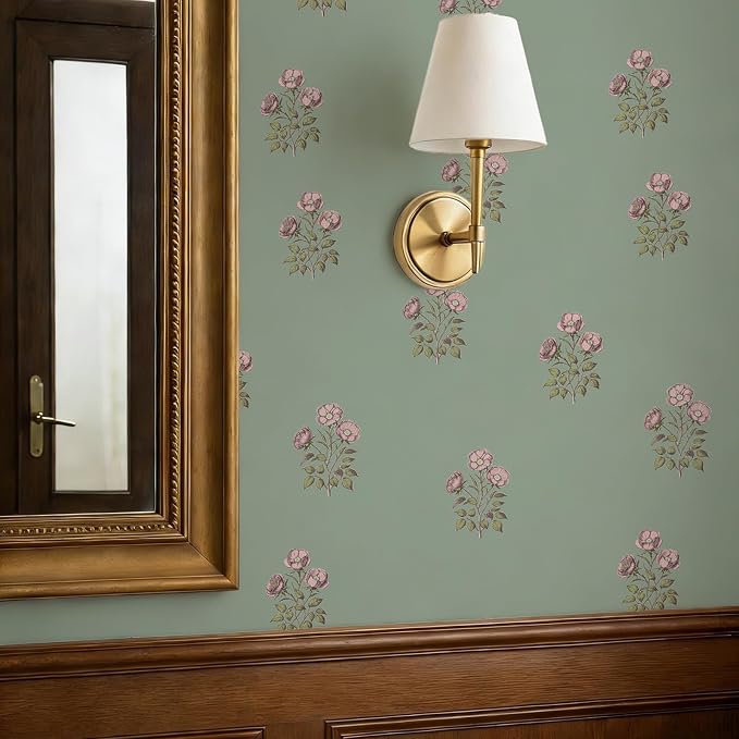 17.3" x 196.8" Vintage Floral Wallpaper Peel and Stick Boho Wallpaper Removable Waterproof Green Rose Pattern Contact Paper for Bedroom, Bathroom, Home Wall