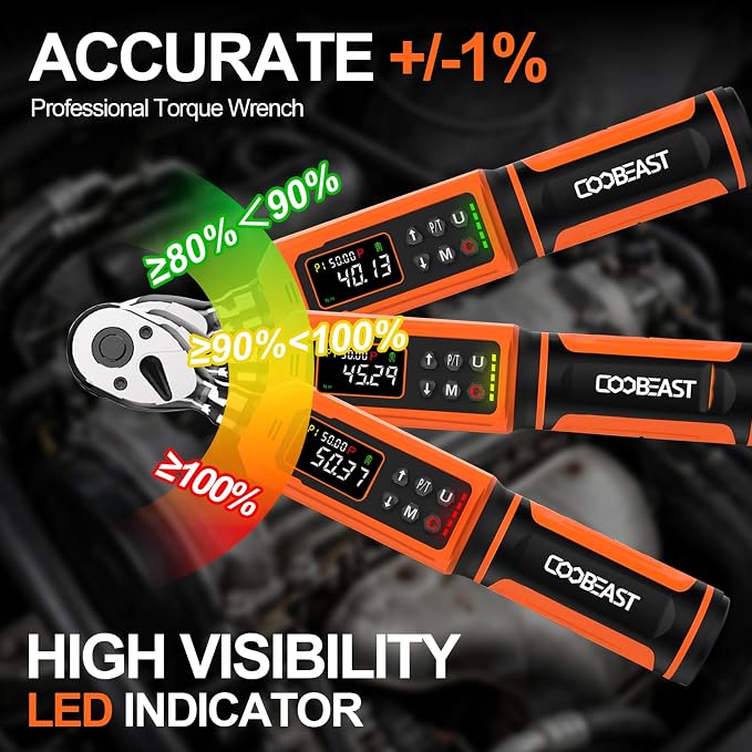 3/8 Drive Digital Torque Wrench,Preset Value(0.66-44.29 Ft-lbs./0.9-60Nm) | Buzzer and LED Alert,±2% High Accuracy,72-Tooth, Quick Release,Reversible,Large Screen,for Bike Motorcycle,Gift for Men,DIY