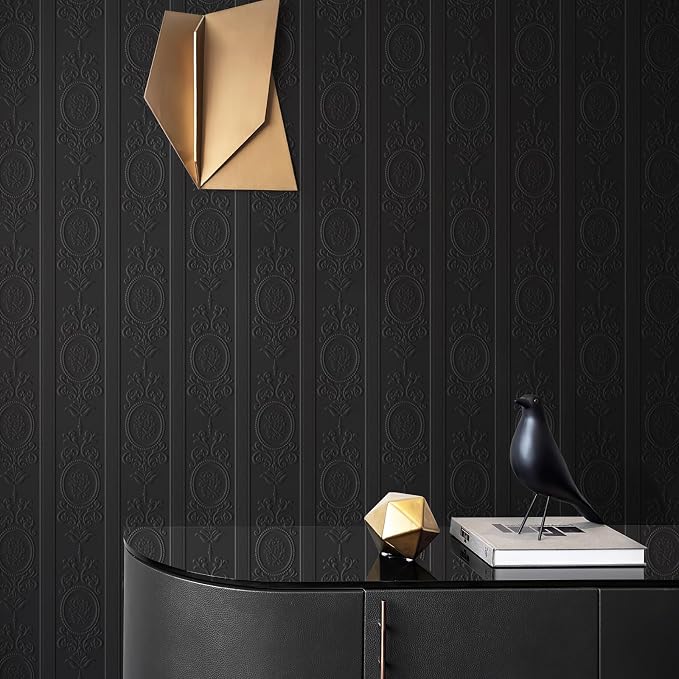 Black 3D Embossed Textured Peel Stick Wallpaper 17.3"x120" | Removable Renter Friendly Contact Paper, Waterproof Self Adhesive Wallpaper for Bedroom, Bathroom, Decor,14.4 sq.