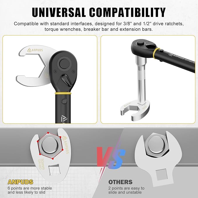 Jumbo Crowfoot Wrench Set & 1/2" Torque Wrench (10-170 Ft-Lb) | Metric 17-36 mm, 6 Point Large Crows Foot Wrench For Tight Spaces, Flare Nut Wrench for Brake, Hydraulic, HVAC & Truck Lines