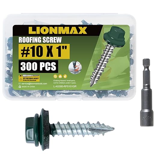 LIONMAX Metal Roofing Screws #10 × 1 Inch, 300-PCS, Forest/Ivy Green Painted Hex Head Sheet Metal Roof Screws, Rubber Washer, Sharp Point, Metal to Wood Siding Screws, Hex Socket Included