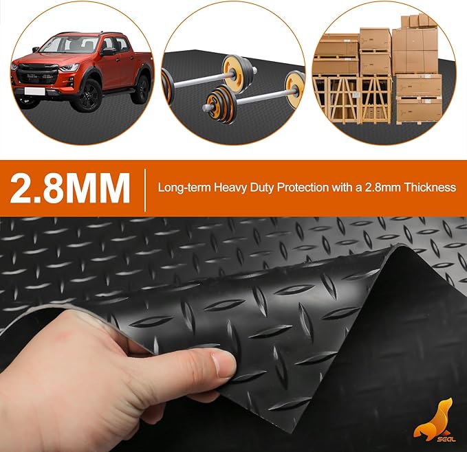 SEAL 5 x 10 FT Premium Garage Floor Mat, Solid 2.8mm Thick Lay-Flat Black Commercial Grade Heavy Duty Parking Mat for Garage Floor, Golf Cart, Water/Stain Resistant Runner (Embossed Diamond Plate)