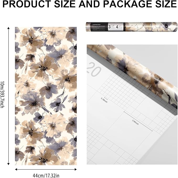 Floral Peel and Stick Wallpaper, Purple Watercolor Flower Contact Paper Peel and Stick for Bedroom Bathroom, Brown Vintage Removable Waterproof Self Adhesive Wall Paper 393"X17.3"(48.5 sq.ft)