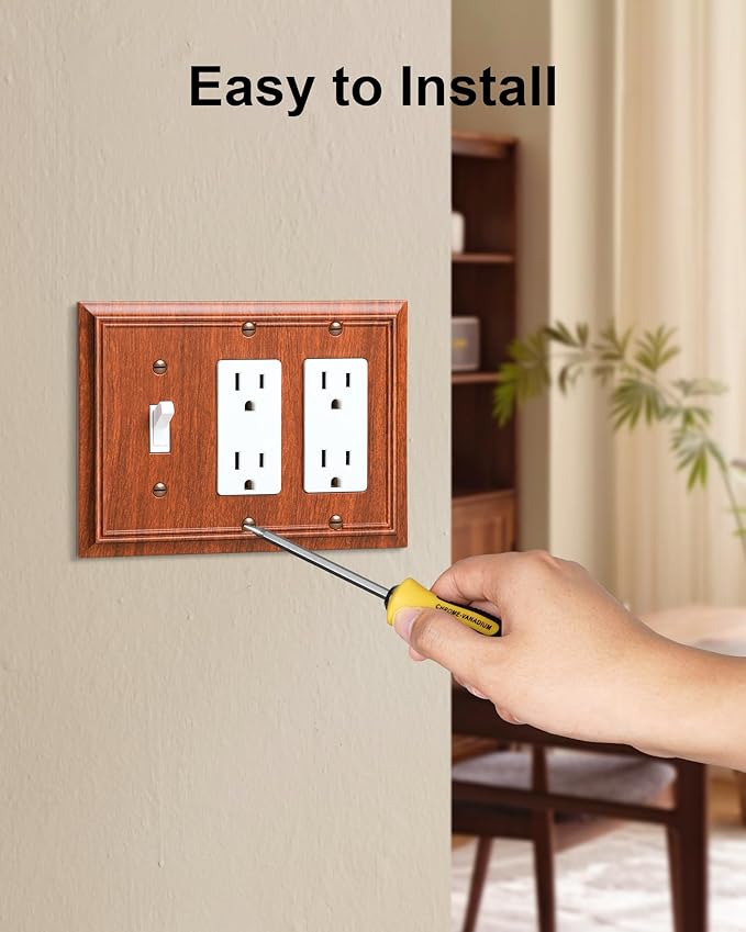 2-Pack Combo Toggle/Double Decorator Outlet Cover Plate, Wood Grain Decorative Switch Plates and Outlet Covers, Durable Natural Bamboo Fiber Wall Plates for Electrical Outlets, Receptacle, GFCI Outlet