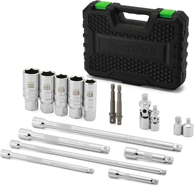 TecoTek 17-Pieces Drive Tool Accessory Set, Spark Plug Socket Set, Includes 1/4" & 3/8” Drive Extension Bar, Socket Adapter, Universal Joints, Spark Plug Sockets, Professional Socket Accessories, Cr-V