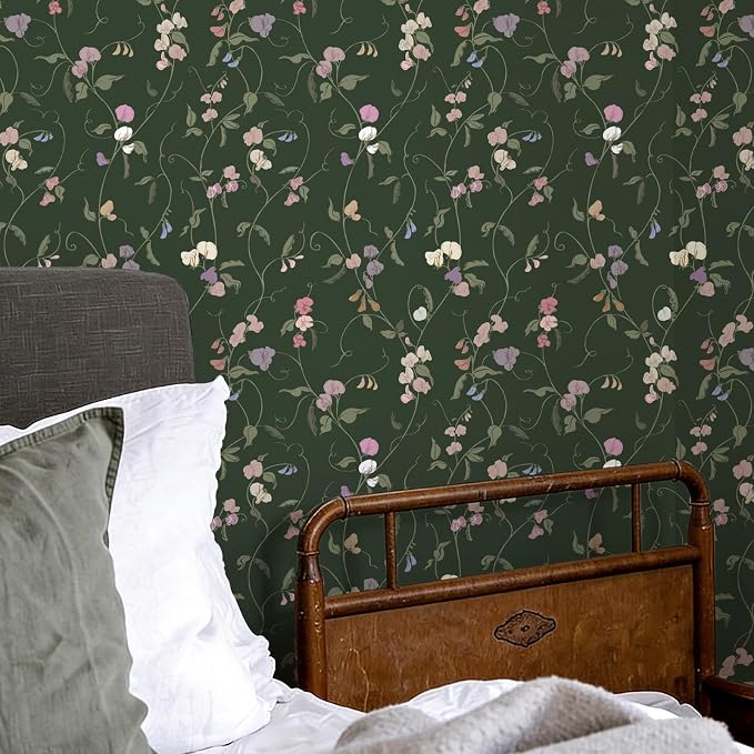 Vintage Wallpaper Peel and Stick Dark Green Floral Wallpaper Leaf Contact Paper Vinyl Waterproof Self Adhesive Boho Botanical Wall Paper for Bedroom Shlef Cabinet Decor 17.3" x 78.7"