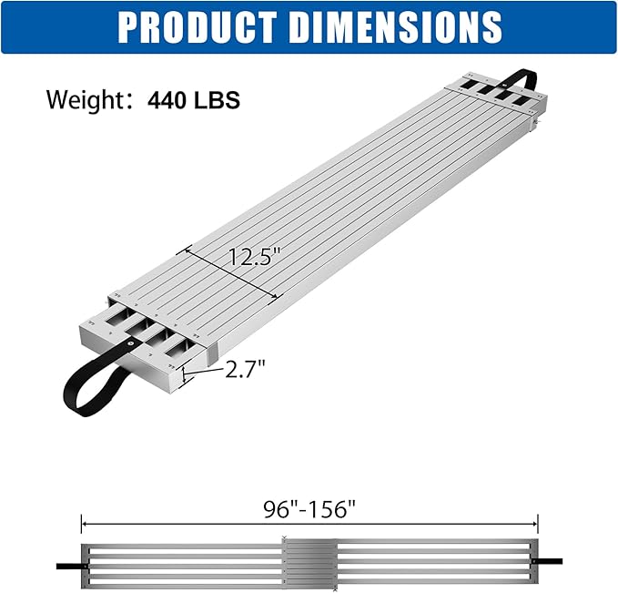 8-13ft Telescoping Plank, Aluminum Work Plank, 440 Lbs Load Capacity Extension Scaffolding Plank with Skid-Proof Platform Scaffold Ladder Accessory, 12.5 Inch Width, Silver