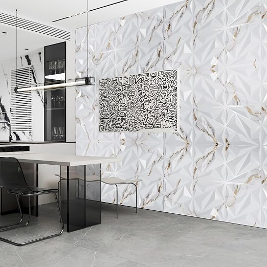 33 Pack 3D Wall Panel Diamond for Interior Wall Décor, PVC Textured Wall Panels, 12''x12'' Cover 32.Sq.Ft. Gold Veined White | PVC Accent Wall Panels for Interior Wall Decor, Living Room Lobby Bedroom Hotel Office