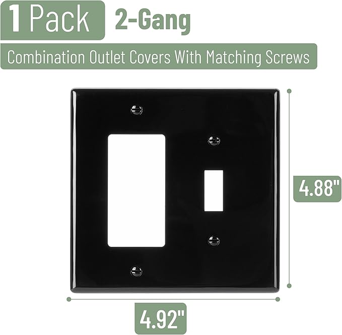 Bates- Combination Wall Plate, Toggle Switch/Decorator, Black, 4.92"x4.88"/Mid Size, 2 Gang Wall Plate