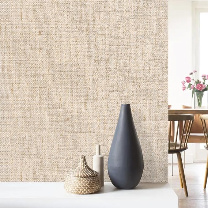 Beige Grasscloth Peel and Stick Wallpaper Textured 15.7in x 78.7in | Faux Linen Wallpaper Peel and Stick Vintage Grasscloth Contact Paper Self Adhesive Removable Contact Paper for Bedroom Vinyl