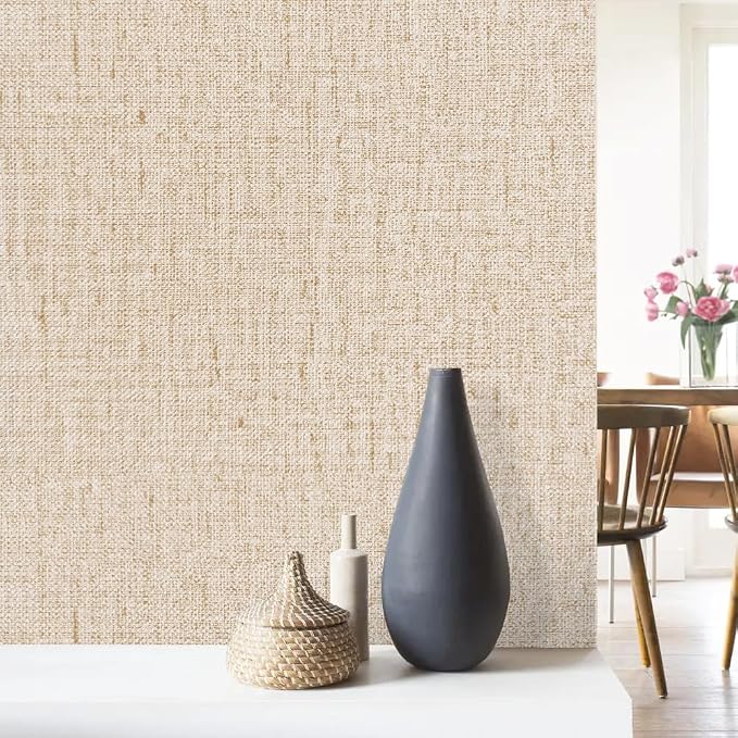 Beige Grasscloth Peel and Stick Wallpaper Textured 15.7in x 393.7in | Faux Linen Wallpaper Peel and Stick Vintage Grasscloth Contact Paper Self Adhesive Removable Contact Paper for Bedroom Vinyl