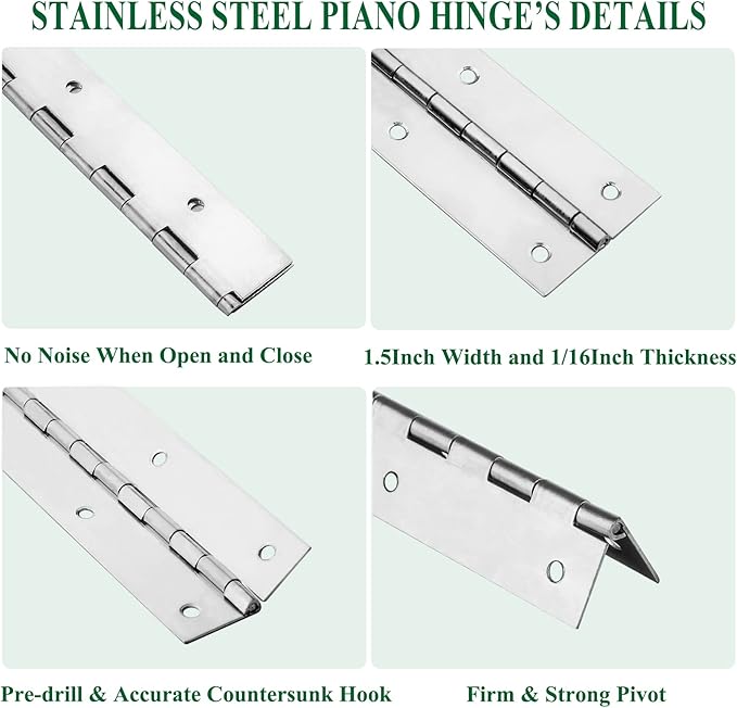 2Pack Heavy Duty Piano Hinge, 2" Open Width x 18" Continuous & Piano Hinges, 0.06” Thick Stainless Steel Piano Hinge with Holes, Polished Stainless Furniture Hinges for Cabinet Door Cases Woodworking