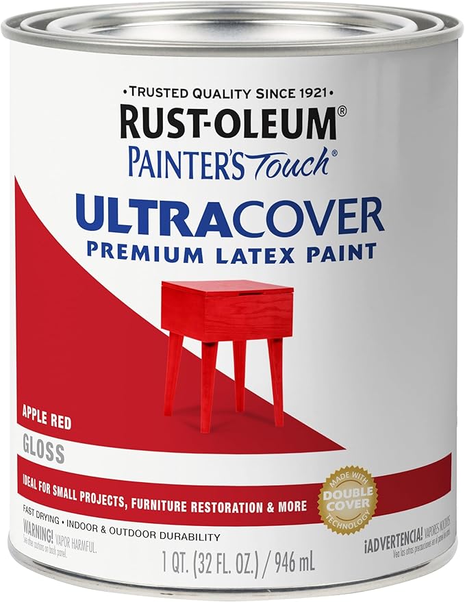 Rust-Oleum 1966502 Painter's Touch Brush Acrylic Latex Paint, 1 Quarts (Pack of 1), Gloss Apple Red, (Pack of 1)