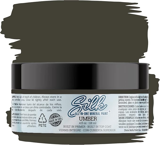 Dixie Belle Silk All-in-One Mineral Paint - Umber (4oz) - Earthy Brown Water Based Built-In Primer + Topcoat for Wood + Metal - Durable Furniture Paint - Low Reflective Finish