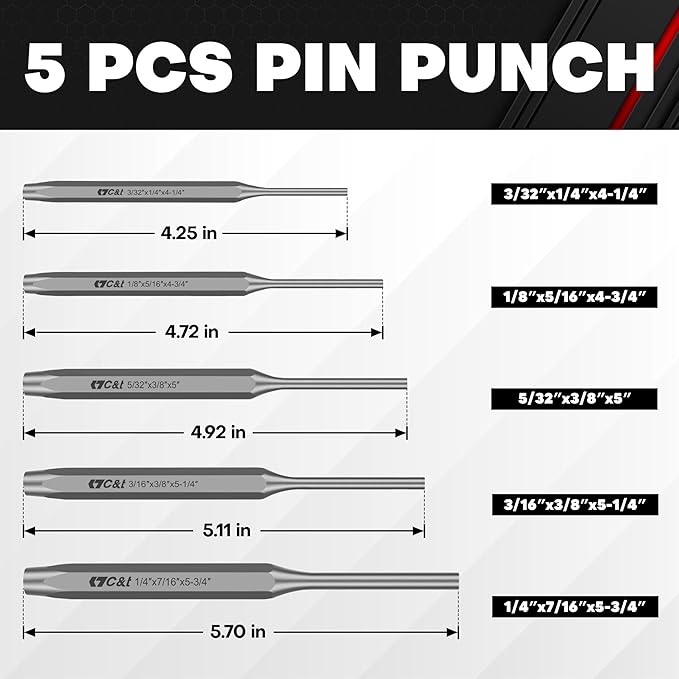 C&T 16-Piece Punch and Chisel Set with Storage Pouch, Including Taper Punch, Cold Chisels, Pin, Center Punch, Chrome Vanadium Steel