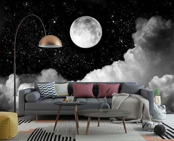 YIHWM-Peel and Stick Galaxy Wallpaper Moon Clouds Black Starry Sky Mural | Tear-resistant,with a substantial feel;Will not be damaged during repositioning.Boy's Room,kids room wallpaper.L-137"x96"