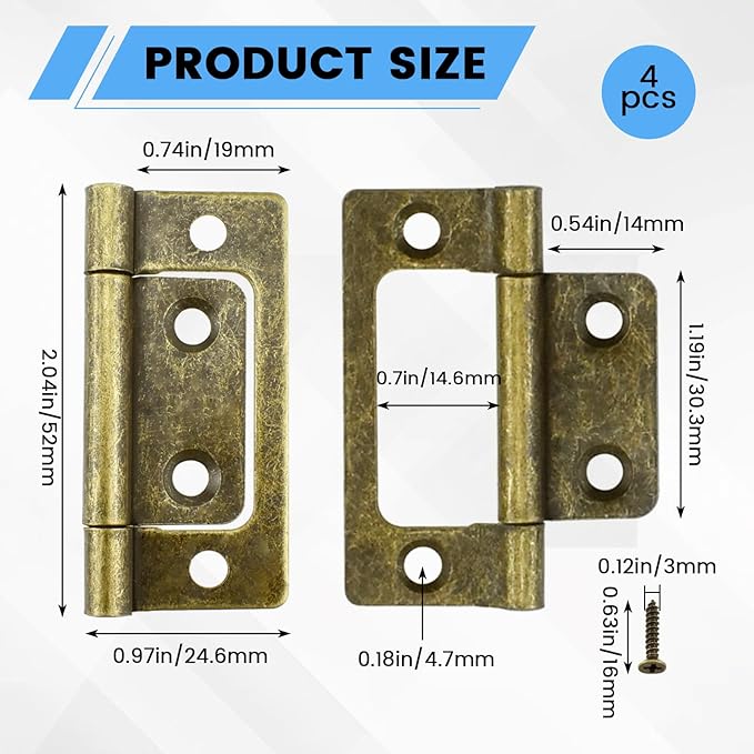 SDTC Tech 4-Pack Non-Mortise Door Hinges Bifold Butt Cabinet Hinges with Screws for Furniture Windows Cupboard etc. - 2 x 0.9 Inch, Bronze