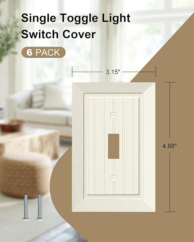 6-Pack Classic Beadboard Single Toggle Light Switch Cover Plate, Unbreakable Polycarbonate Decorative Switch Plate Covers, Light Almond 1 Gang Wall Plate